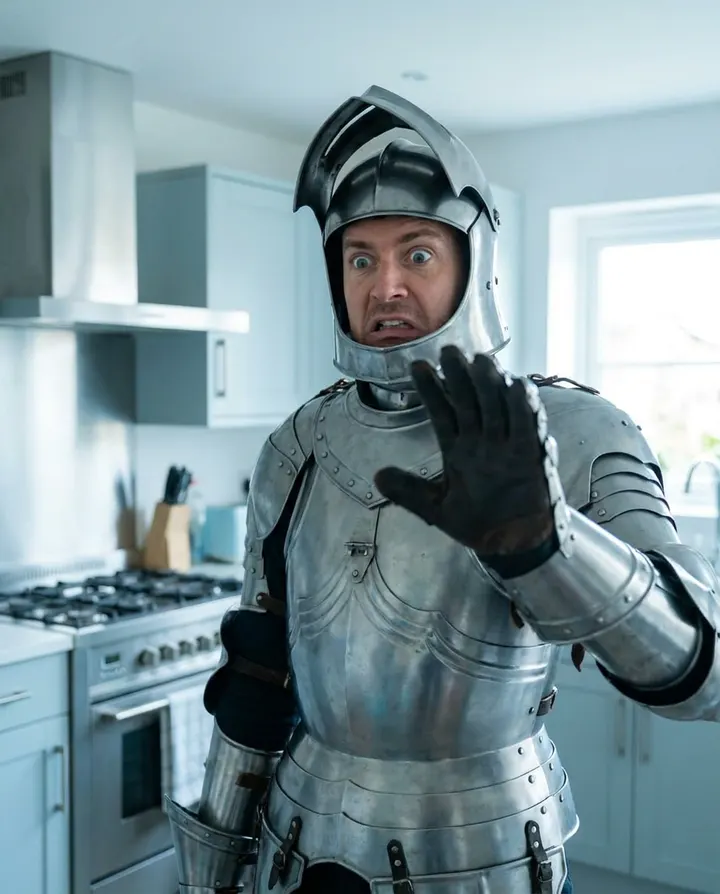 A man dressed as a knight gesturing in a bright kitchen, a frame from a comedy skit
