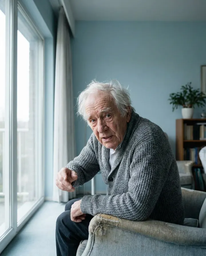 An elderly storyteller in an armchair by a bright window, speaking to camera