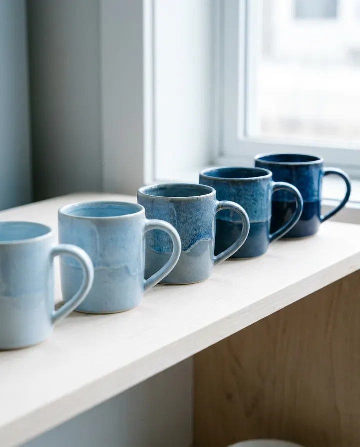 Five ceramic mugs in shades of blue on a shelf, standing in for a batch of videos