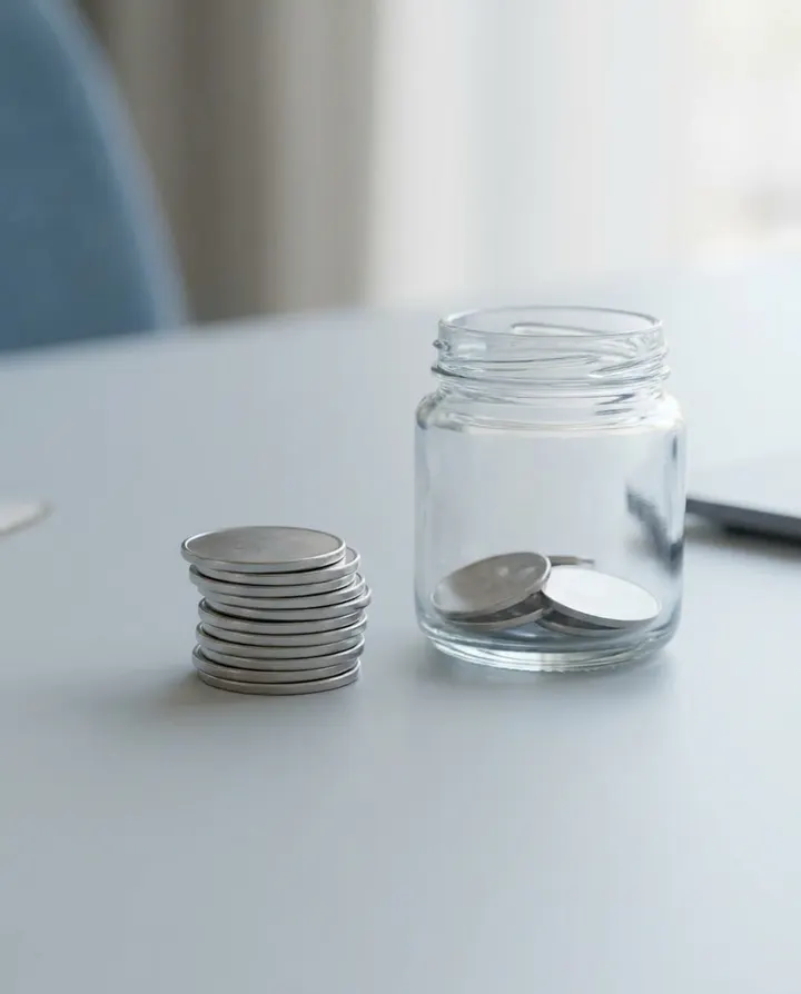 A stack of silver coins beside a glass jar, standing in for a cost check before rendering