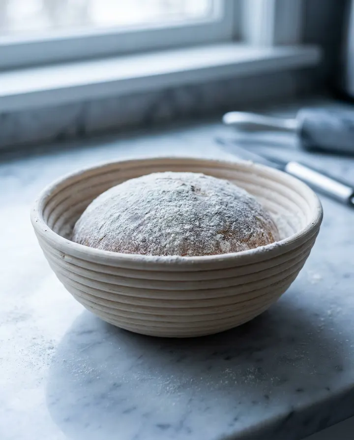A floured sourdough loaf in a proofing basket, a frame from a video made from one line