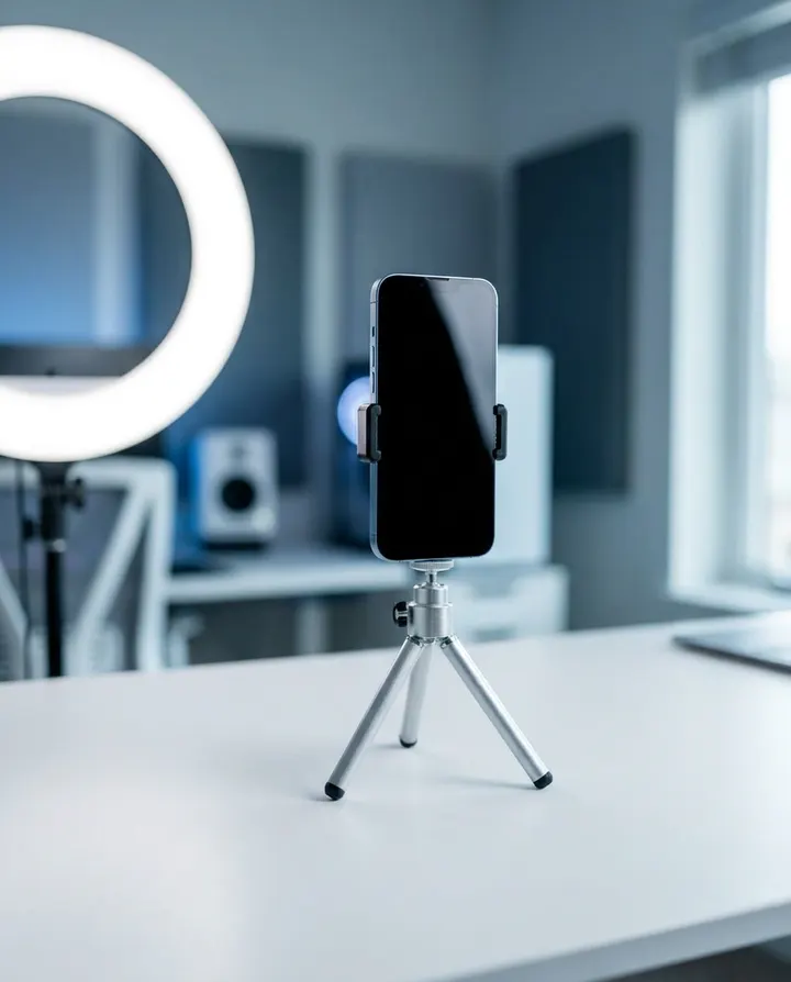 A phone on a small tripod beside a ring light, standing in for a video posted to a connected account