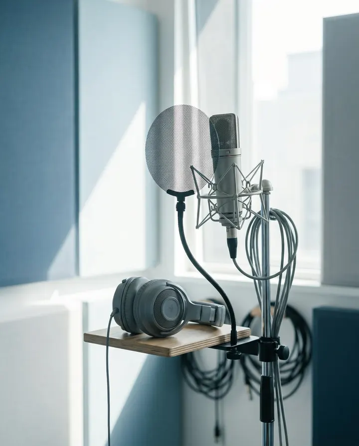 A studio microphone and headphones in a voiceover booth, standing in for a script narrated as written
