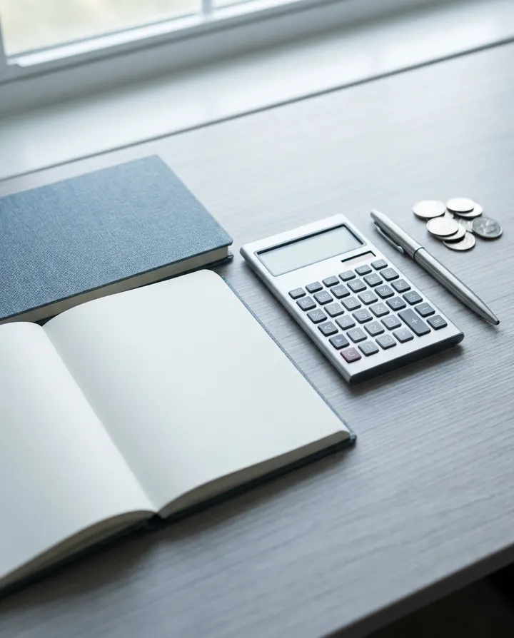 A desk with a calculator, a notebook and coins, a frame from a personal finance video