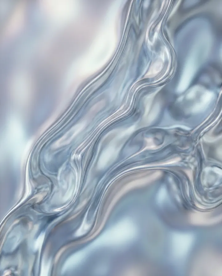 Flowing silver and pale blue abstract artwork, a frame from an animated album cover