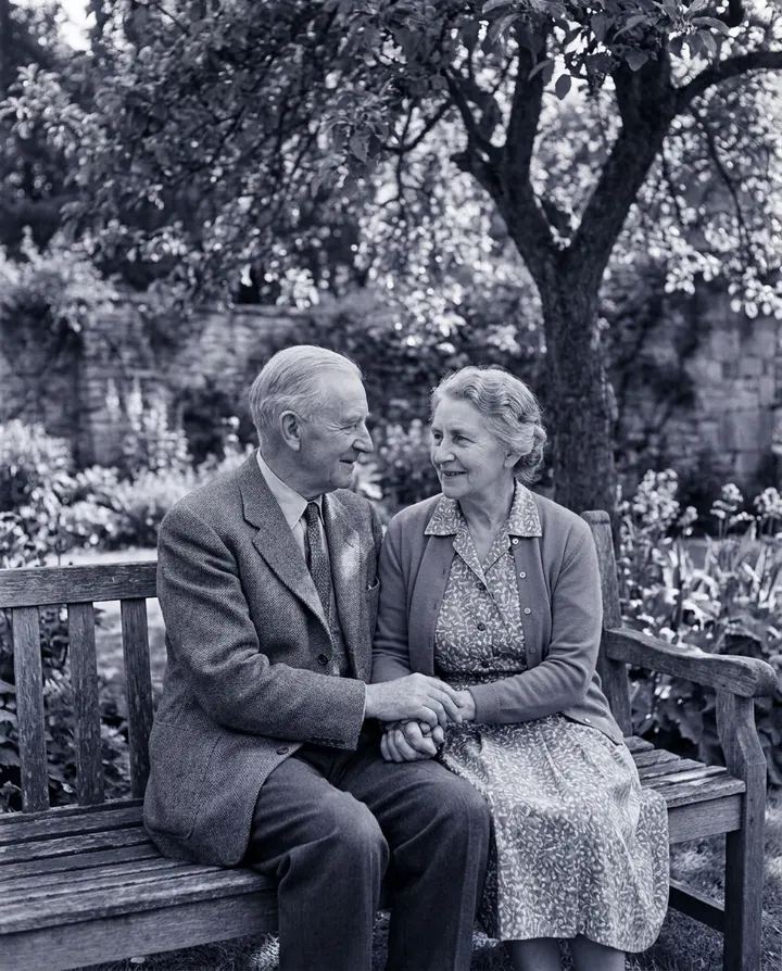 A restored black and white photo of an elderly couple on a garden bench, a frame from an animated family photo