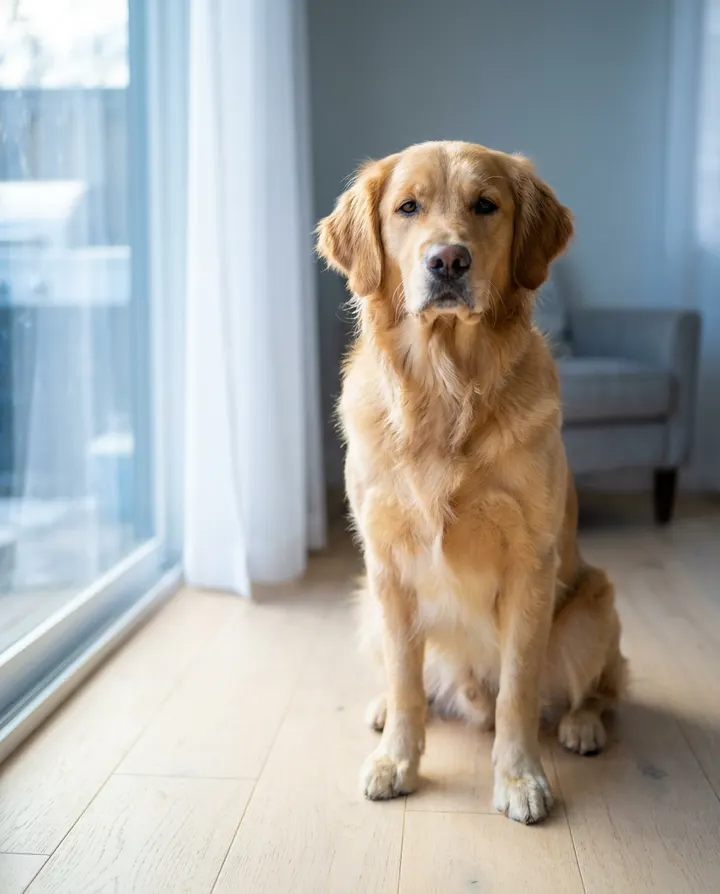 A golden retriever sitting by a bright window, a frame from an animated pet photo