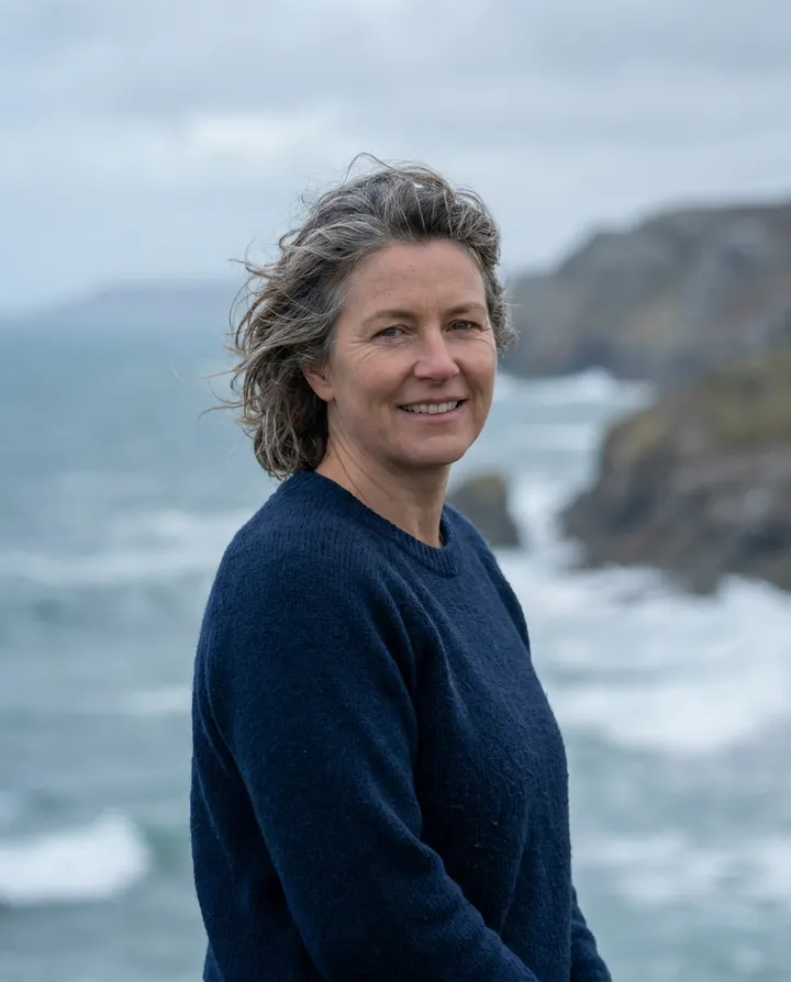 A smiling woman by the sea with her hair in the wind, a frame from an animated portrait