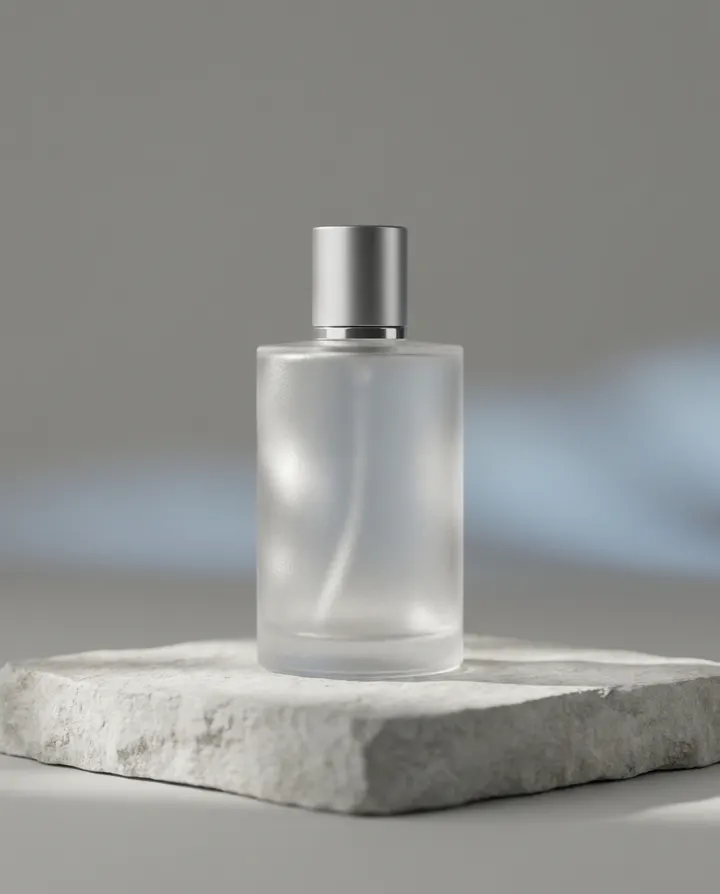 A frosted glass perfume bottle on a pale stone plinth, a frame from an animated product shot
