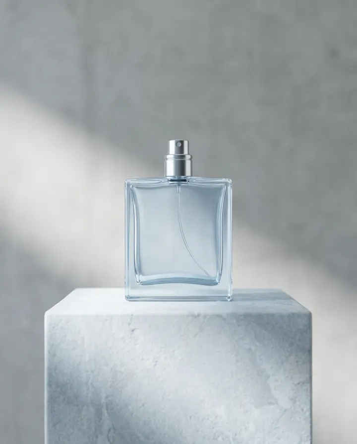 A glass perfume bottle on a pale stone plinth, a product still for a launch Reel