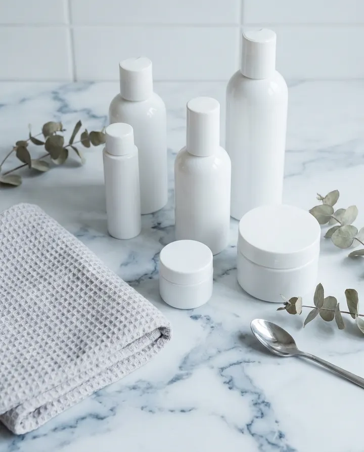 White skincare bottles and a folded towel on a marble counter, a frame from a creator-style Reel