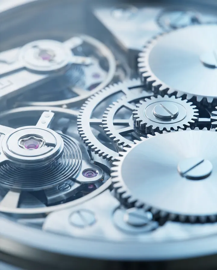 The silver gears inside a watch movement, a frame from an explainer Reel