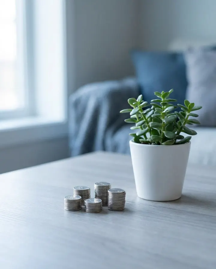 Stacks of silver coins beside a small plant, a frame from a faceless finance Reel