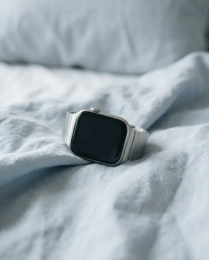 A silver smartwatch on pale blue linen, a frame from a product Reel