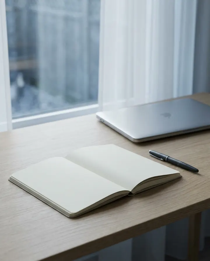 An open notebook and a closed laptop on a light desk, a frame from a Reel made from a blog post