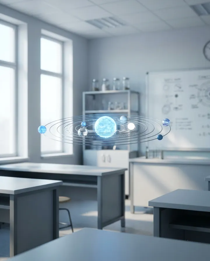 A glowing model of the solar system in a classroom, a frame from an educational short