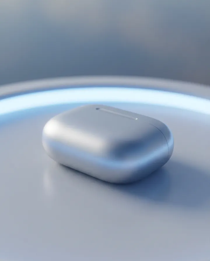 A silver earbud case on a grey studio surface, a frame from a product video