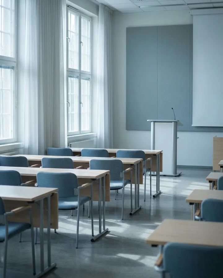 An empty, sunlit lecture hall, a frame from a narrated course lesson