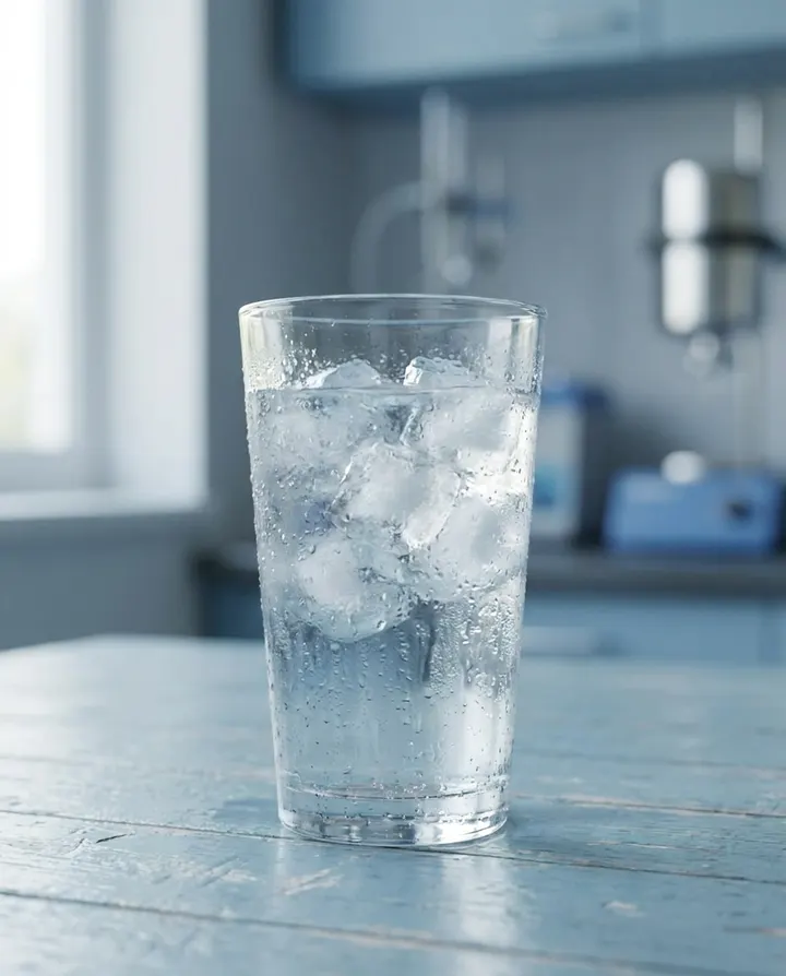 A glass of iced water on a pale blue table, a frame from a narrated science explainer