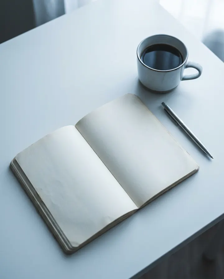 An open notebook, a pen and a cup of coffee on a white desk, a frame from a video made from a blog post