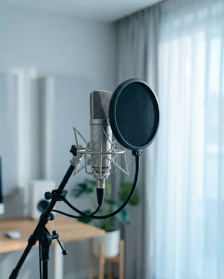 A studio microphone with a pop filter in a bright home studio, a frame from a voiceover video