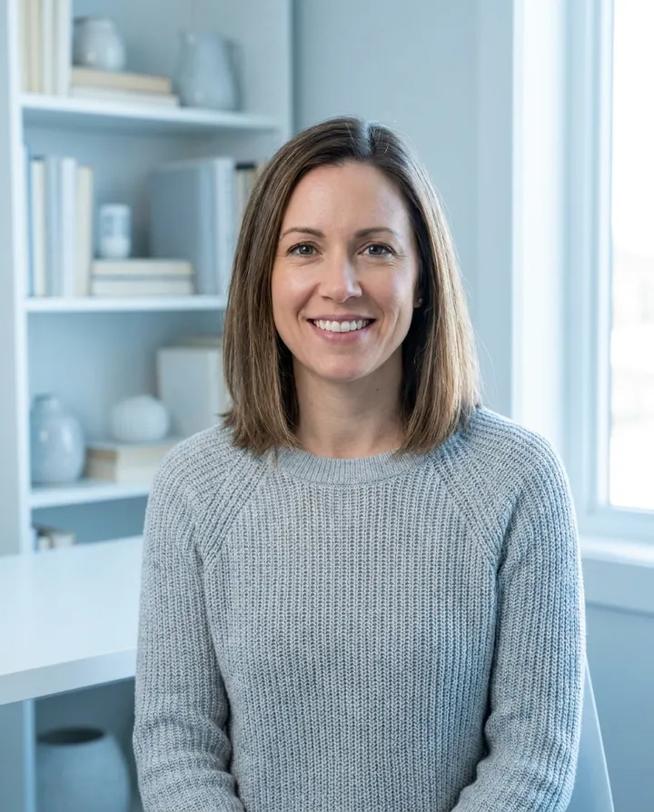 A presenter in a grey sweater speaking to camera in a bright study, a frame from a course lesson