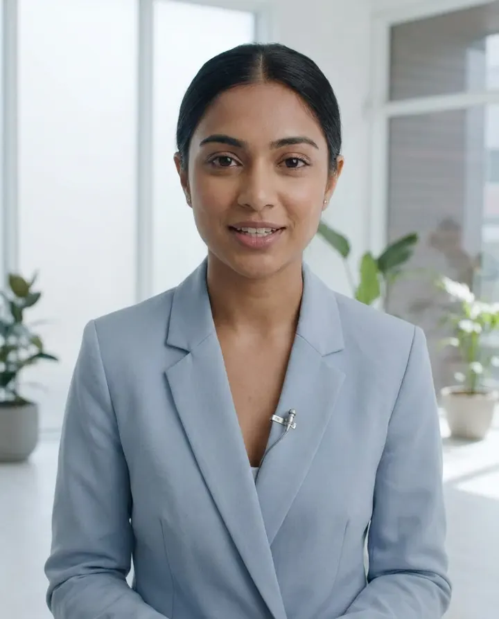 A presenter in a light blue blazer speaking to camera in a bright room, a frame from a translated presenter video