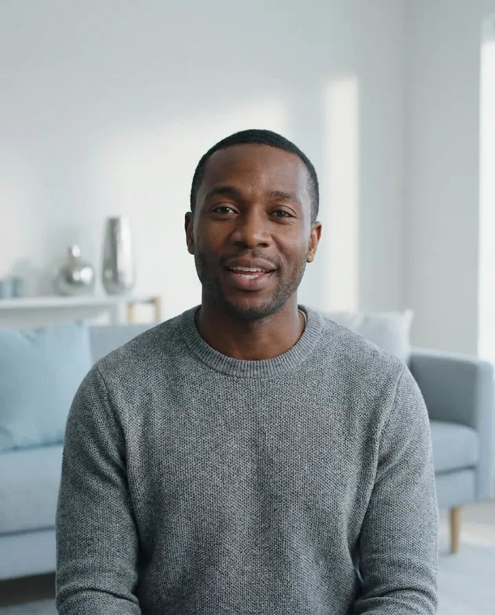 A presenter in a grey knit sweater speaking warmly to camera in a living room, a frame from a personal brand video