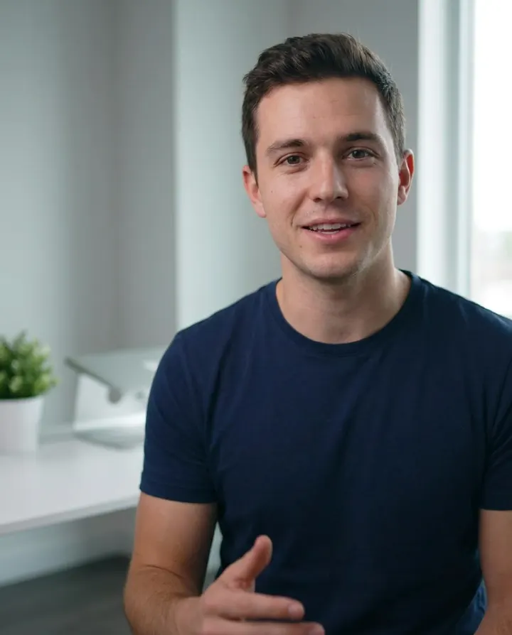 A presenter in a navy t-shirt speaking to camera in a bright office, a frame from a product walkthrough