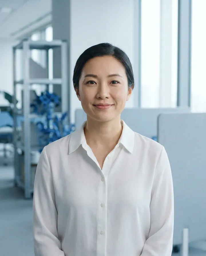A presenter in a white blouse speaking to camera in a clean office, a frame from a help centre answer video