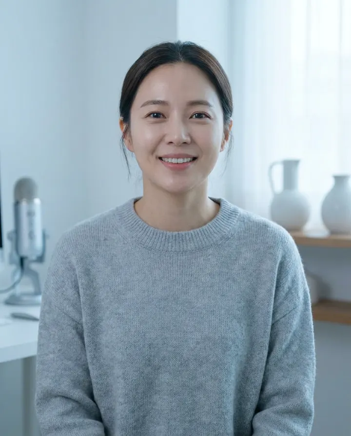 A presenter speaking to camera in a bright home studio, a frame from an AI presenter TikTok