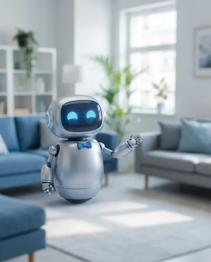 A friendly silver robot character gesturing in a living room, a frame from a character swap skit