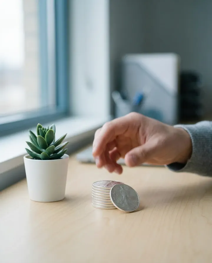 A stack of silver coins and a small plant on a desk, a frame from a faceless finance explainer TikTok