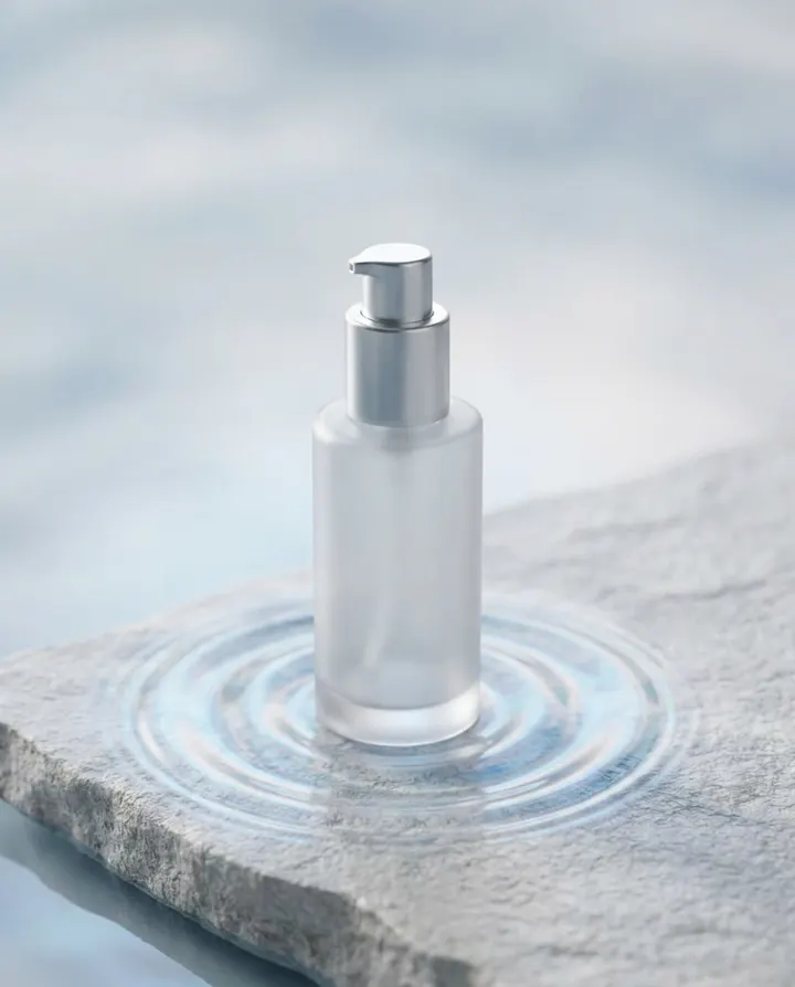 A frosted skincare bottle on stone with a water ripple, a frame from an animated product photo