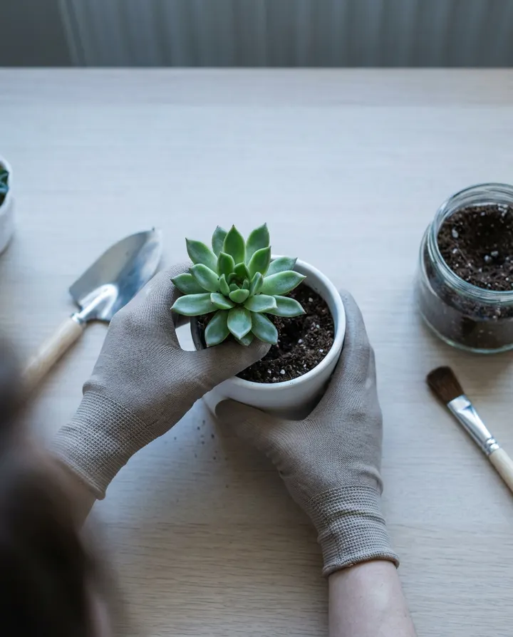 Hands repotting a small succulent on a light table, a frame from a tutorial TikTok