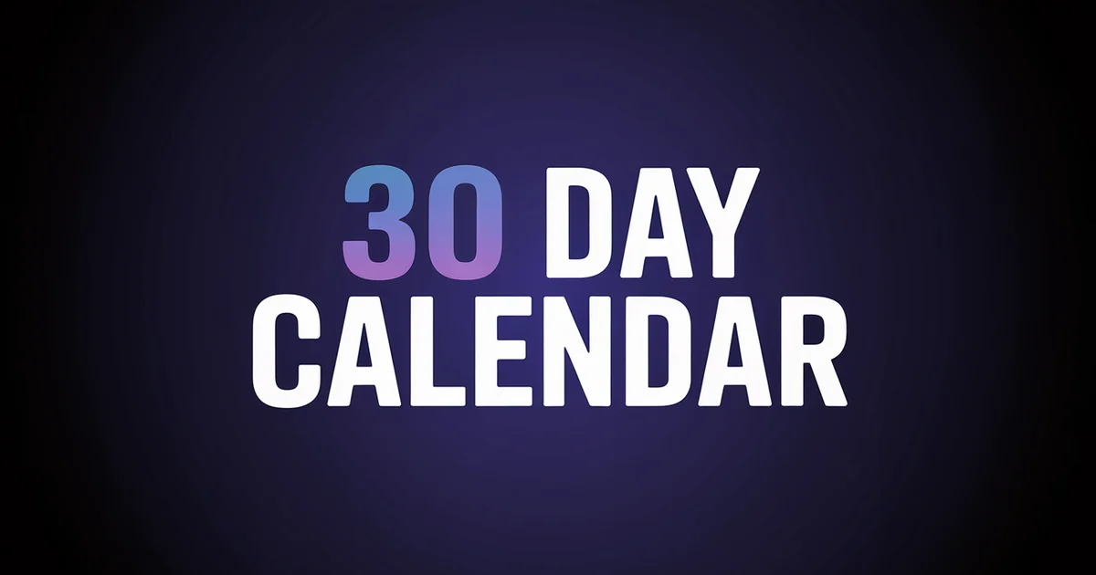 AI Influencer Content Calendar 30-day template headline on dark indigo gradient with rotating day-badges layout