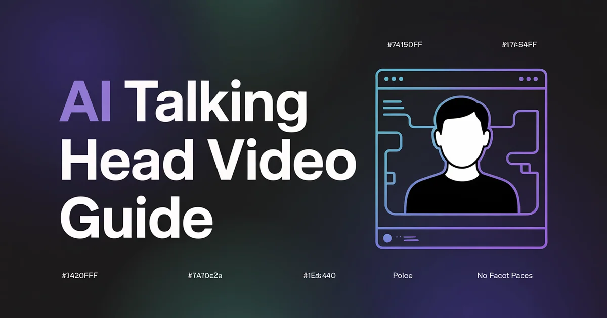 AI Talking Head Video Complete 2026 Guide, bold headline beside a presenter icon on a dark indigo gradient