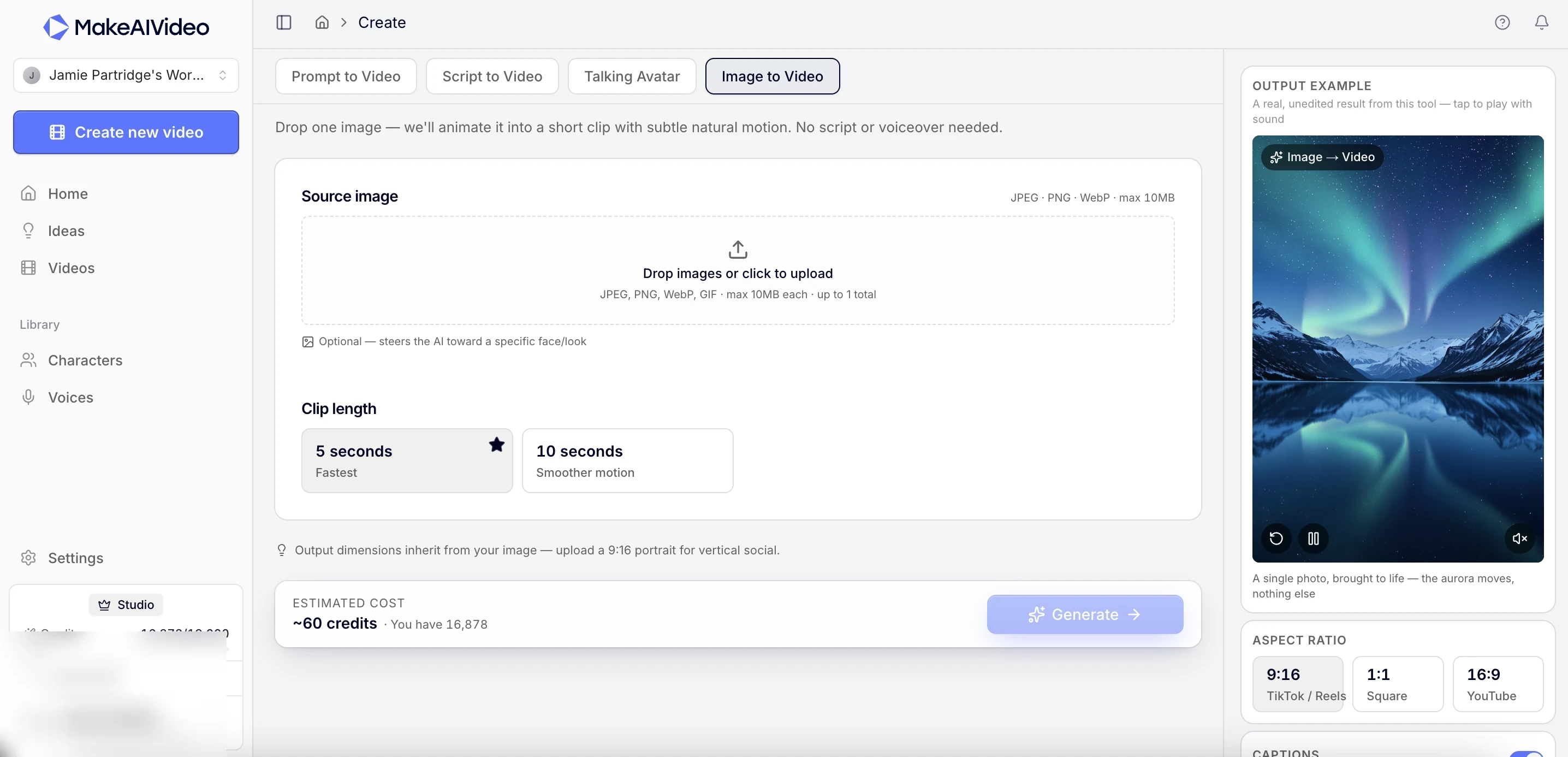 MakeAIVideo image-to-video screen: upload a single still and animate it into a 5 or 10 second clip