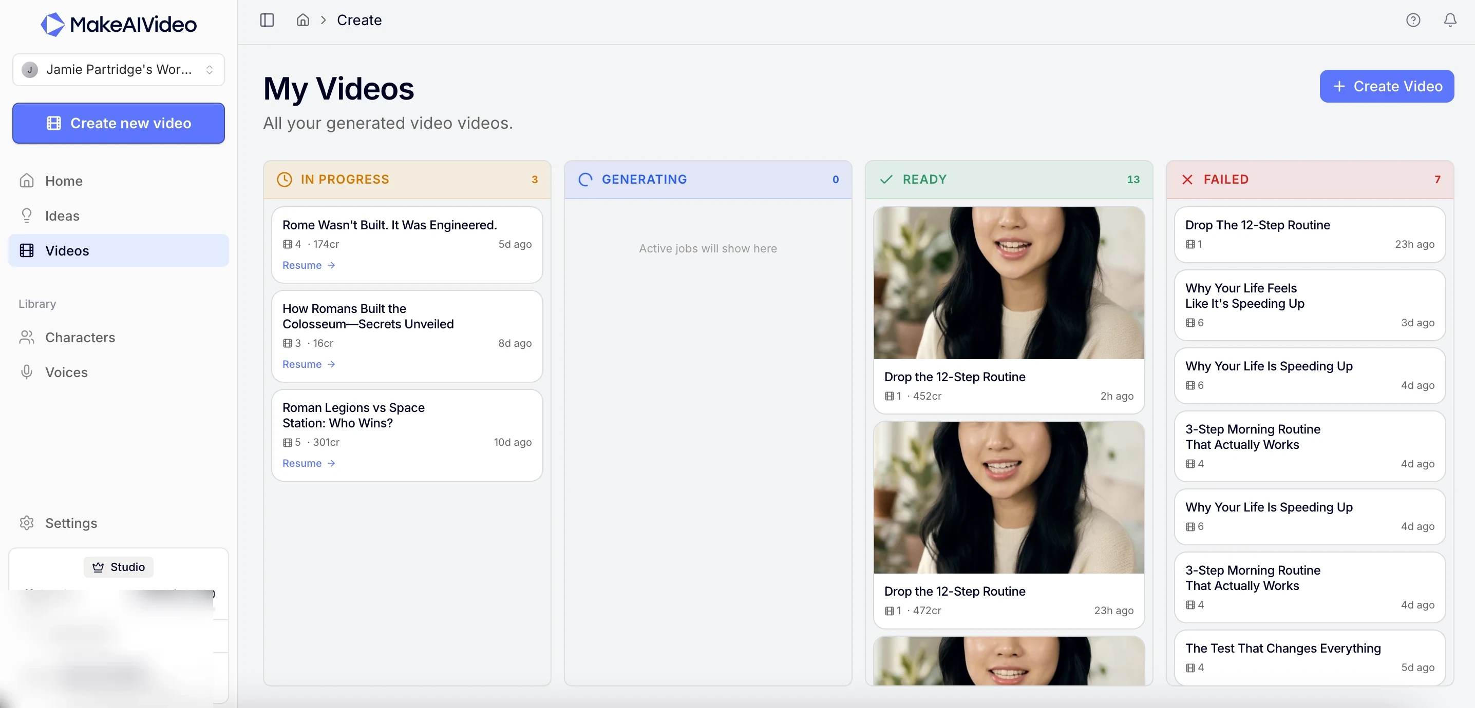 MakeAIVideo library: a grid of finished talking-avatar videos with download, re-edit, and export actions