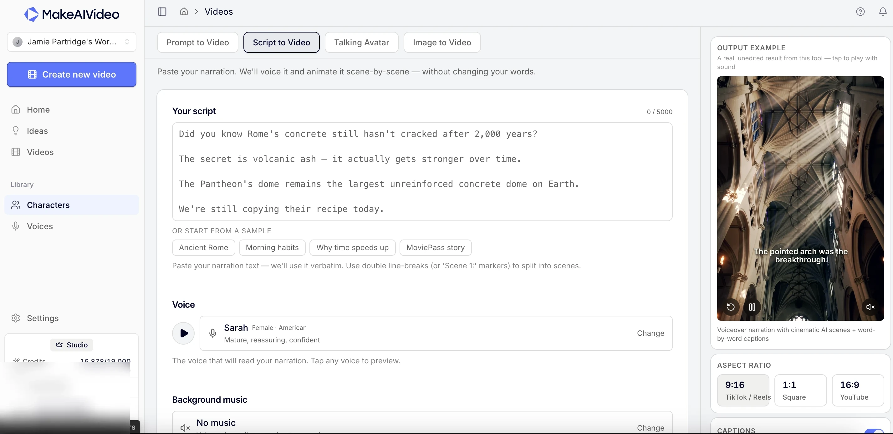 MakeAIVideo script-to-video screen: paste an explainer script and the pipeline narrates it word for word over AI-generated scenes with captions