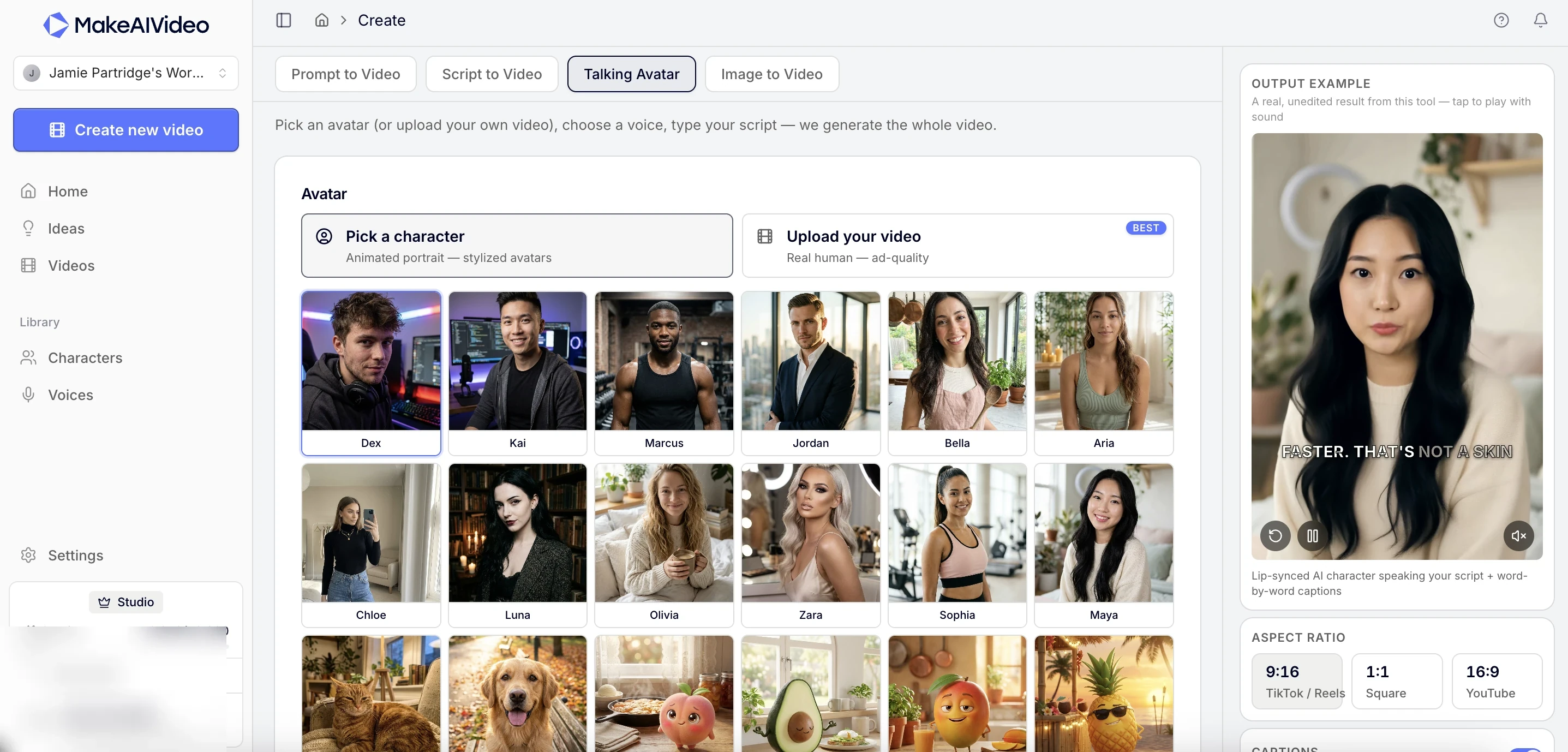 MakeAIVideo talking avatar tool: pick an AI presenter and paste a script to render a lip-synced spokesperson video