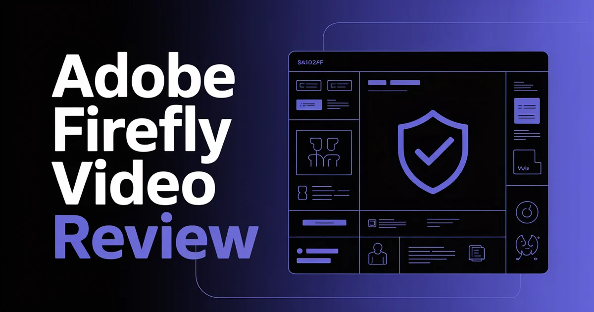 Adobe Firefly Video review 2026, bold headline over a licensed-stock film reel on a dark indigo gradient