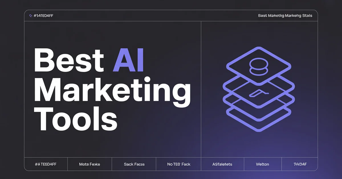 Best AI Marketing Tools 2026, bold headline beside a marketing stack icon on a dark indigo gradient