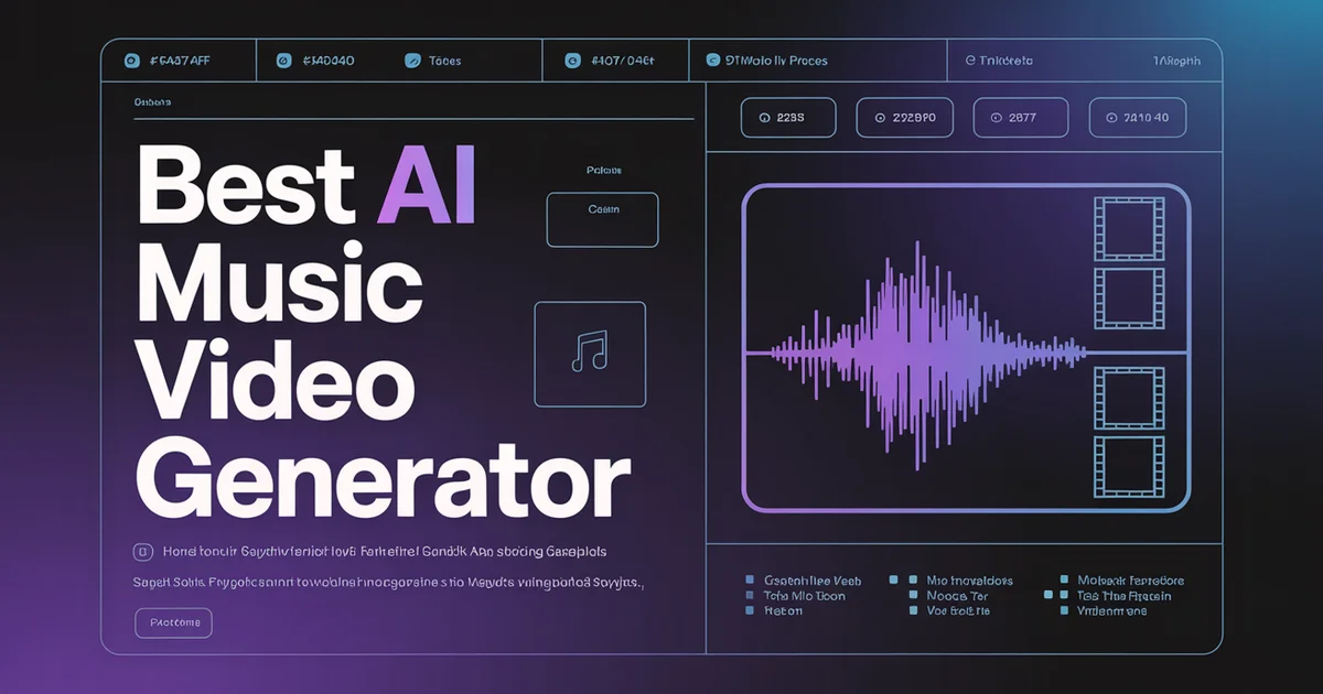 Best AI Music Video Generator 2026, bold headline beside an audio waveform turning into film frames on a dark violet gradient