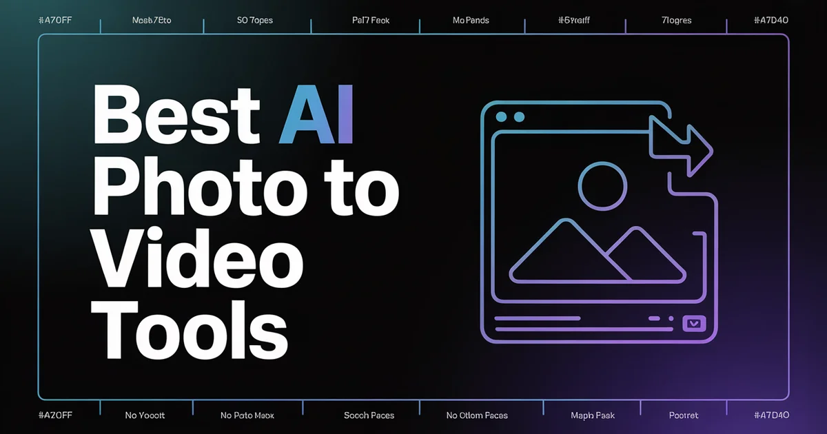 Best AI Photo to Video Tools in 2026, bold headline beside a still-photo-to-motion icon on a dark indigo gradient