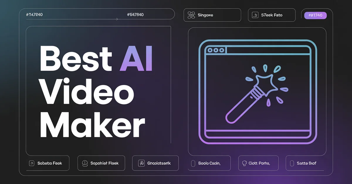 Best AI Video Maker 2026, bold headline beside a magic-wand video icon on a dark indigo gradient
