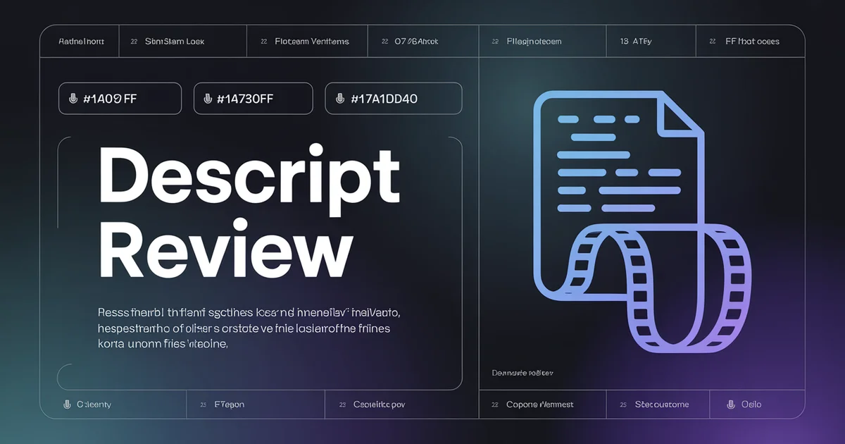 Descript Review 2026, bold headline beside a line-art transcript document turning into a film strip on a dark slate gradient