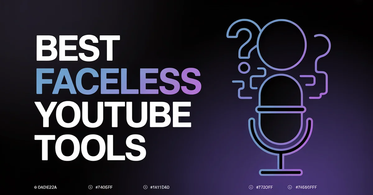 Best Faceless YouTube Channel Tools 2026, bold headline beside a hidden-microphone icon on a dark indigo gradient