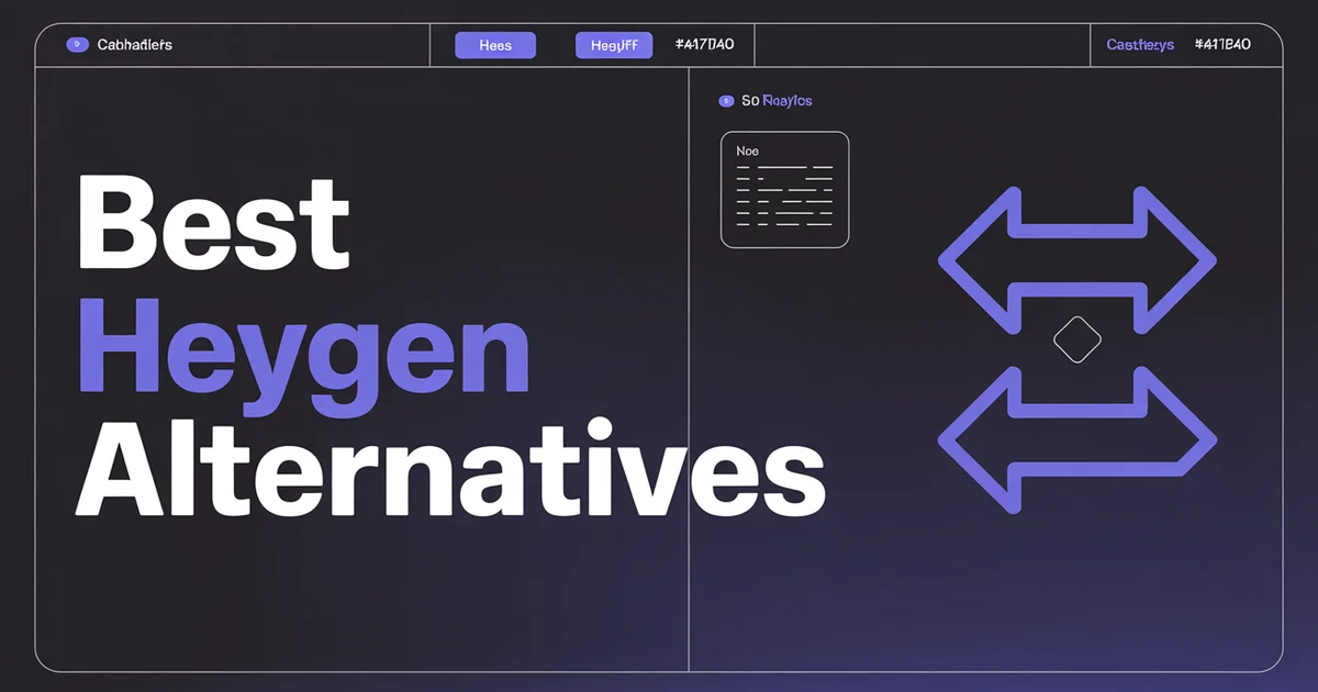 Best HeyGen Alternatives in 2026, bold headline beside a swap-arrows icon on a dark indigo gradient
