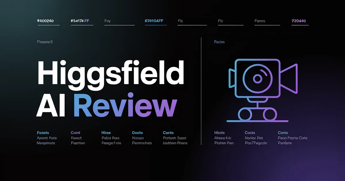 Higgsfield AI Review 2026, bold headline over a cinematic dolly-shot frame on a dark cinematic gradient